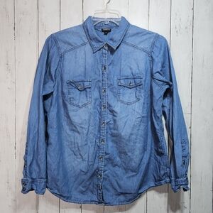 Torrid Women's Blue Cotton Chambray Button Up Shirt Long Sleeve Size 0X (12).